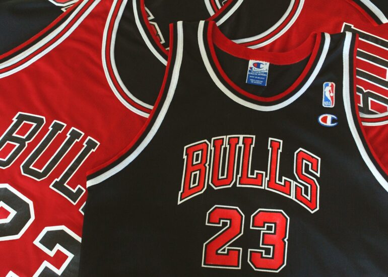a close up of a basketball jersey with the number 23 on it