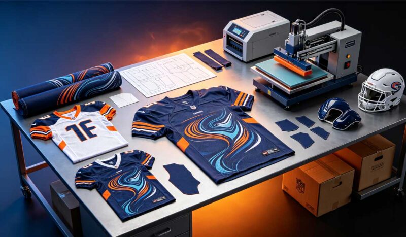 custom American football jersey with tackle twill numbers next to sublimated rugby jersey
