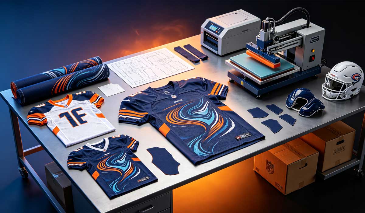 custom American football jersey with tackle twill numbers next to sublimated rugby jersey