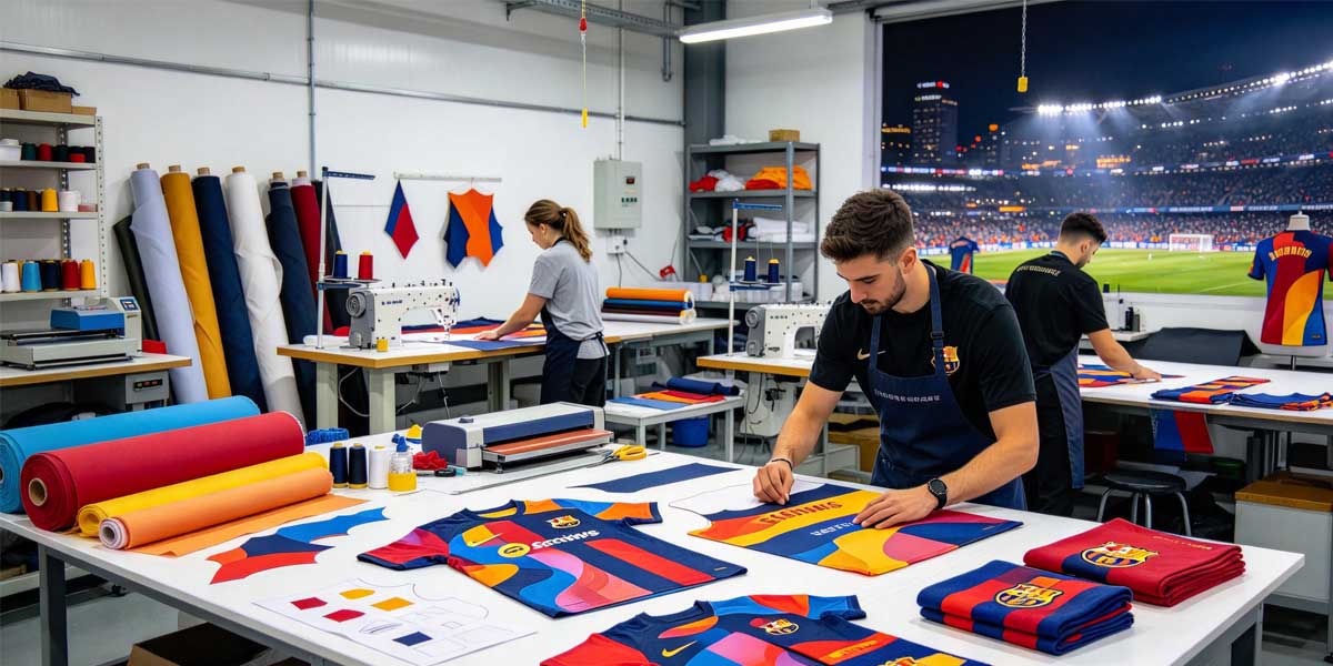 manufacturer reviewing custom soccer jersey artwork for IP compliance